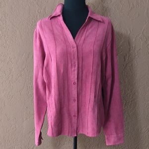 Lemon Grass Faux Suede Button Down Long Sleeve Blouse Size L Pink